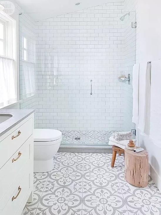 Small Bathroom with White Subway Tiles and Patterned Floors