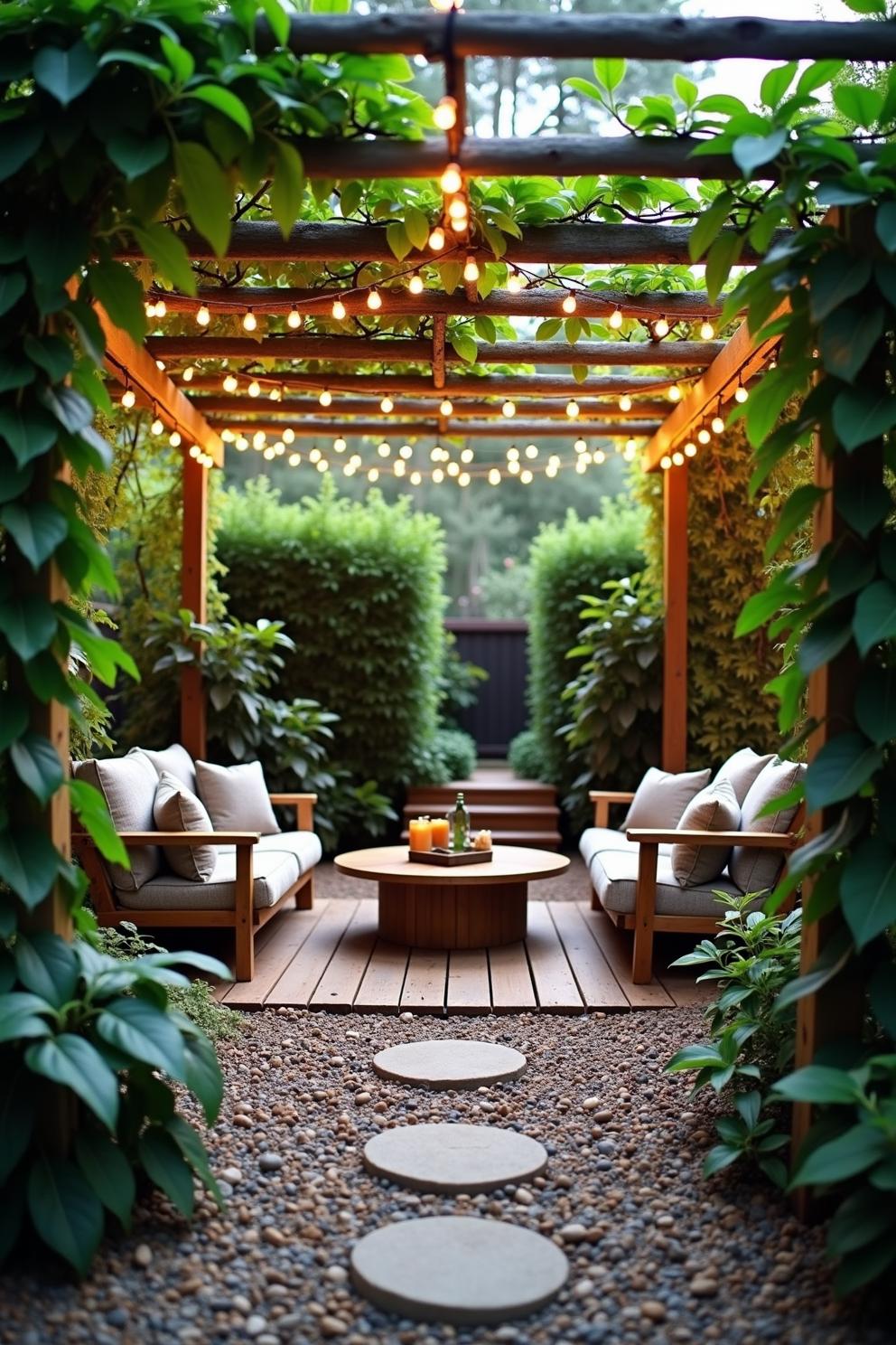 A tranquil garden retreat with lush greenery enveloping a wooden patio