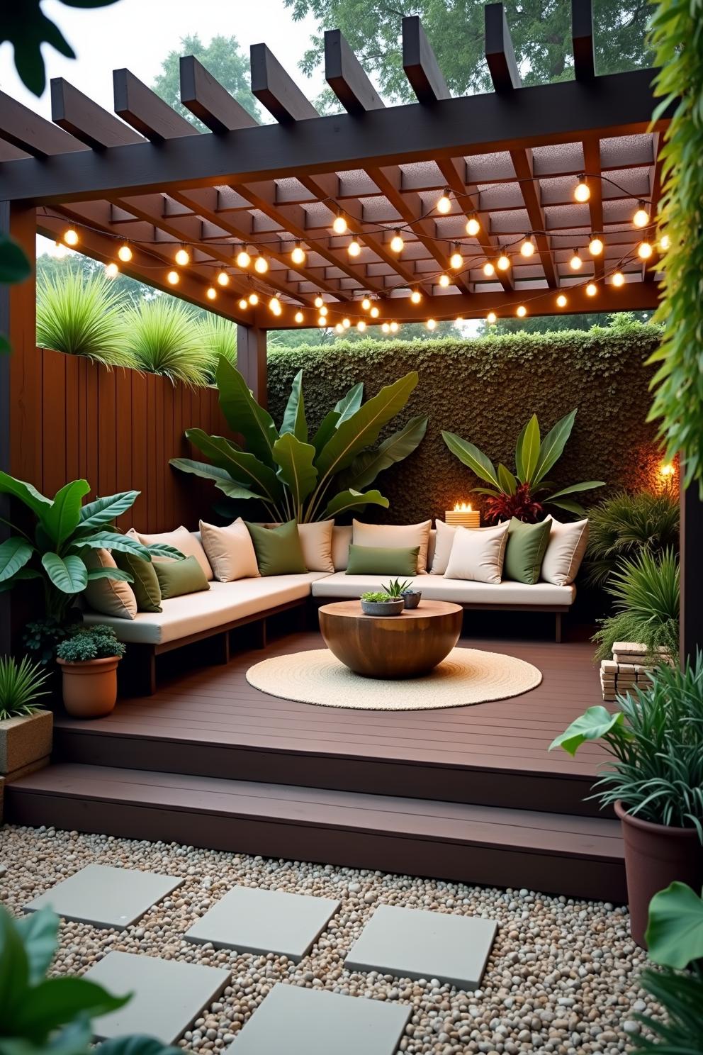 A tranquil deck framed by garden greenery and perimeter string lighting