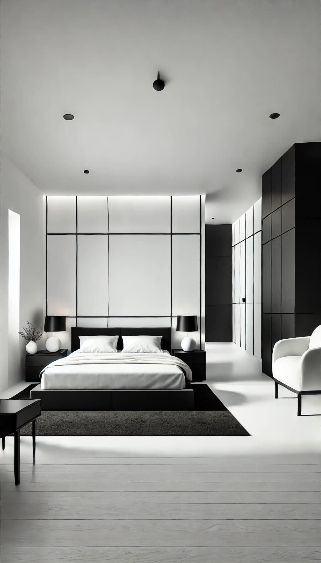Headboard in Black and White Geometric Room
