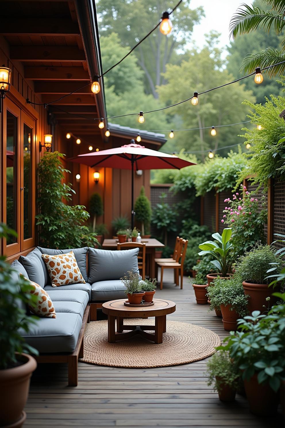 A backyard garden with warm lighting, greenery, and potted plants