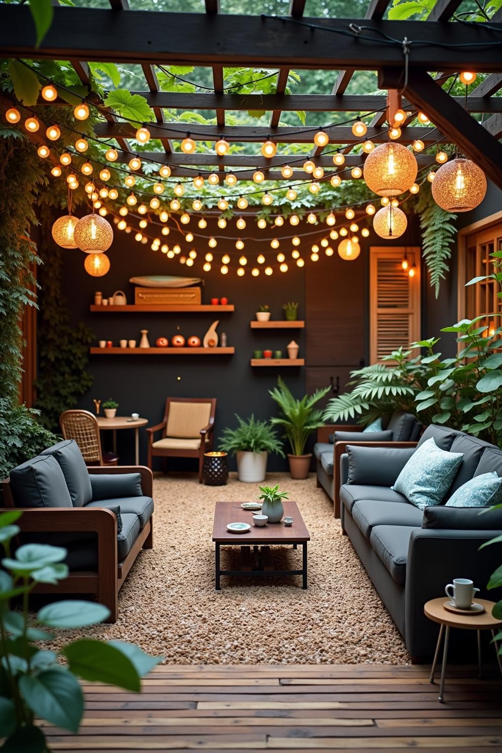Backyard garden with layered greenery and warm glowing accents