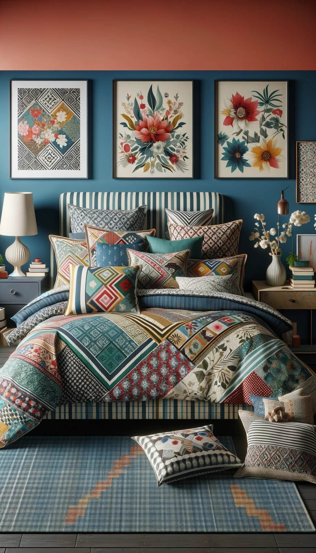 Blue Vintage-Style Bed Frame with Soft Neutral Bedding