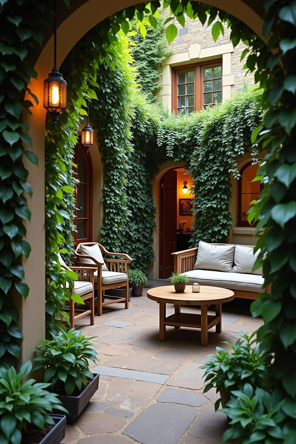 Secluded garden retreat with cascading greenery and string lighting