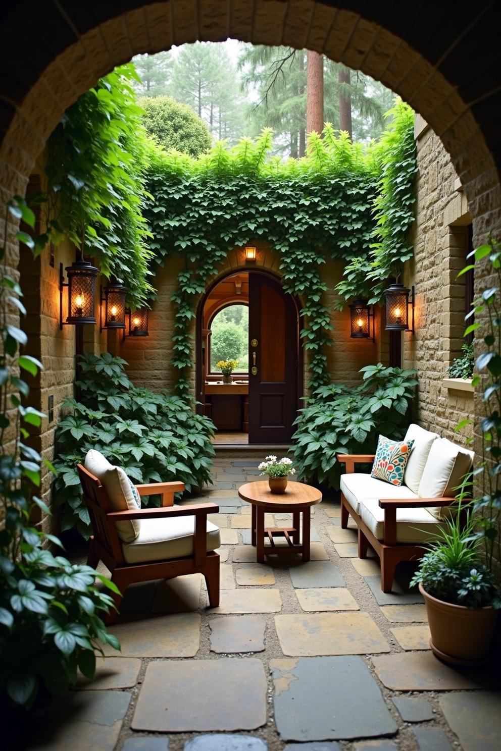 Lush garden patio with cascading greenery and glowing string lights