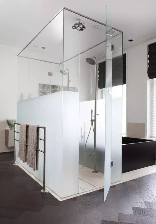 Shower Space with Frosted and Clear Glass Panels