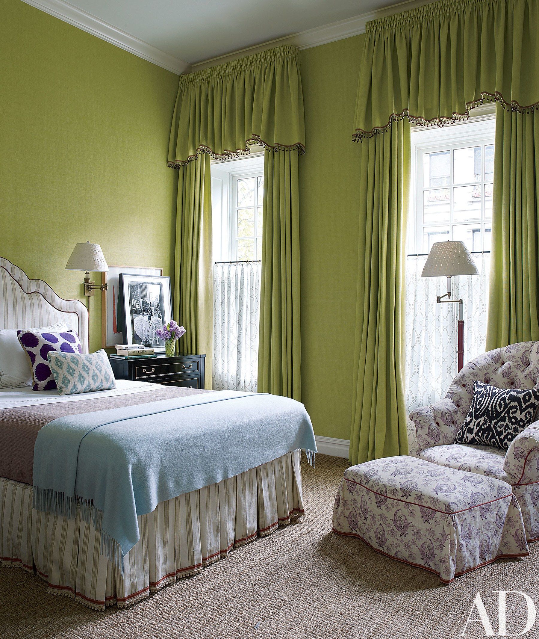 White Bedroom Curtains Paired with Golden Accents