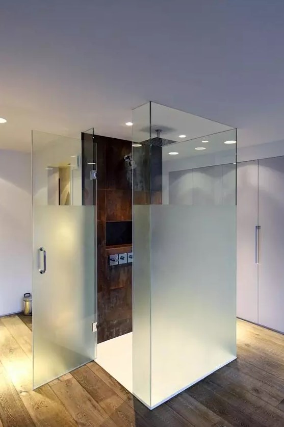 Shower Space with Frosted Glass Door and Statement Tiled Wall