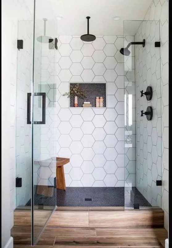 Shower Space with Black Penny and White Hex Tiles