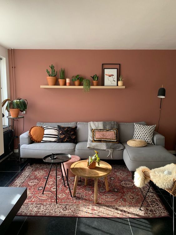 Bohemian Living Room with Terracotta Wall and Gray Sectional