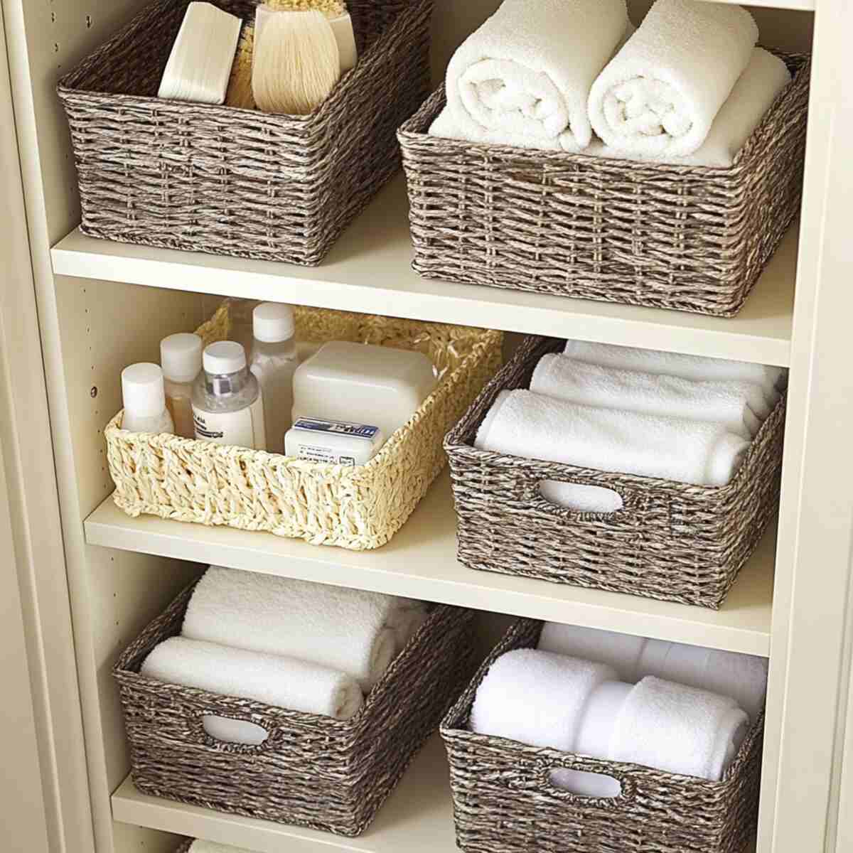 Baskets for Each Family Member in Bathroom Closet Organization Ideas