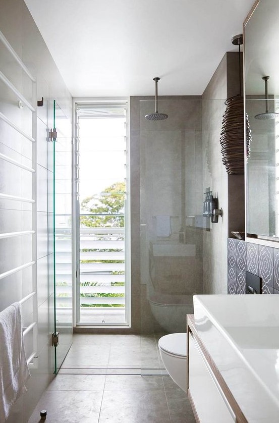Contemporary Bathroom with Tan Tiles and Frosted Glass Elements