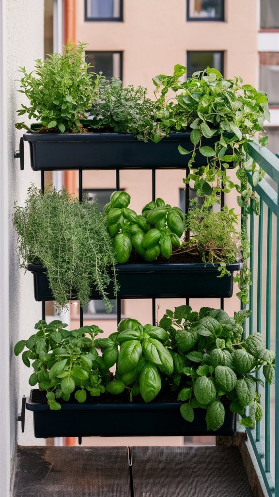 Balcony Herb Garden with Simple Metal Railings