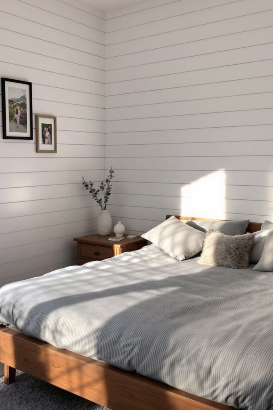 Minimalist Bedroom with Wooden Panel Headboard