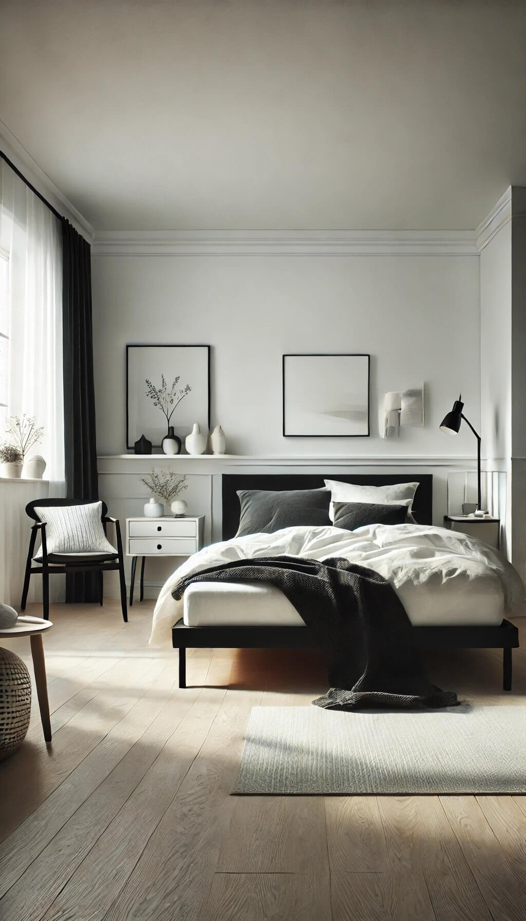 Black Headboard with White Geometric Bedding