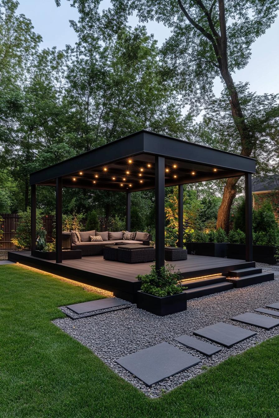 Modern Backyard Gazebo with LED Lighting and Glass Walls