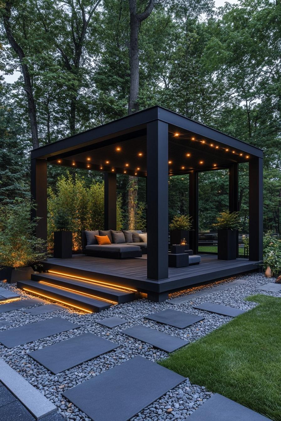 Sleek Gazebo with Glass Walls and LED Accents