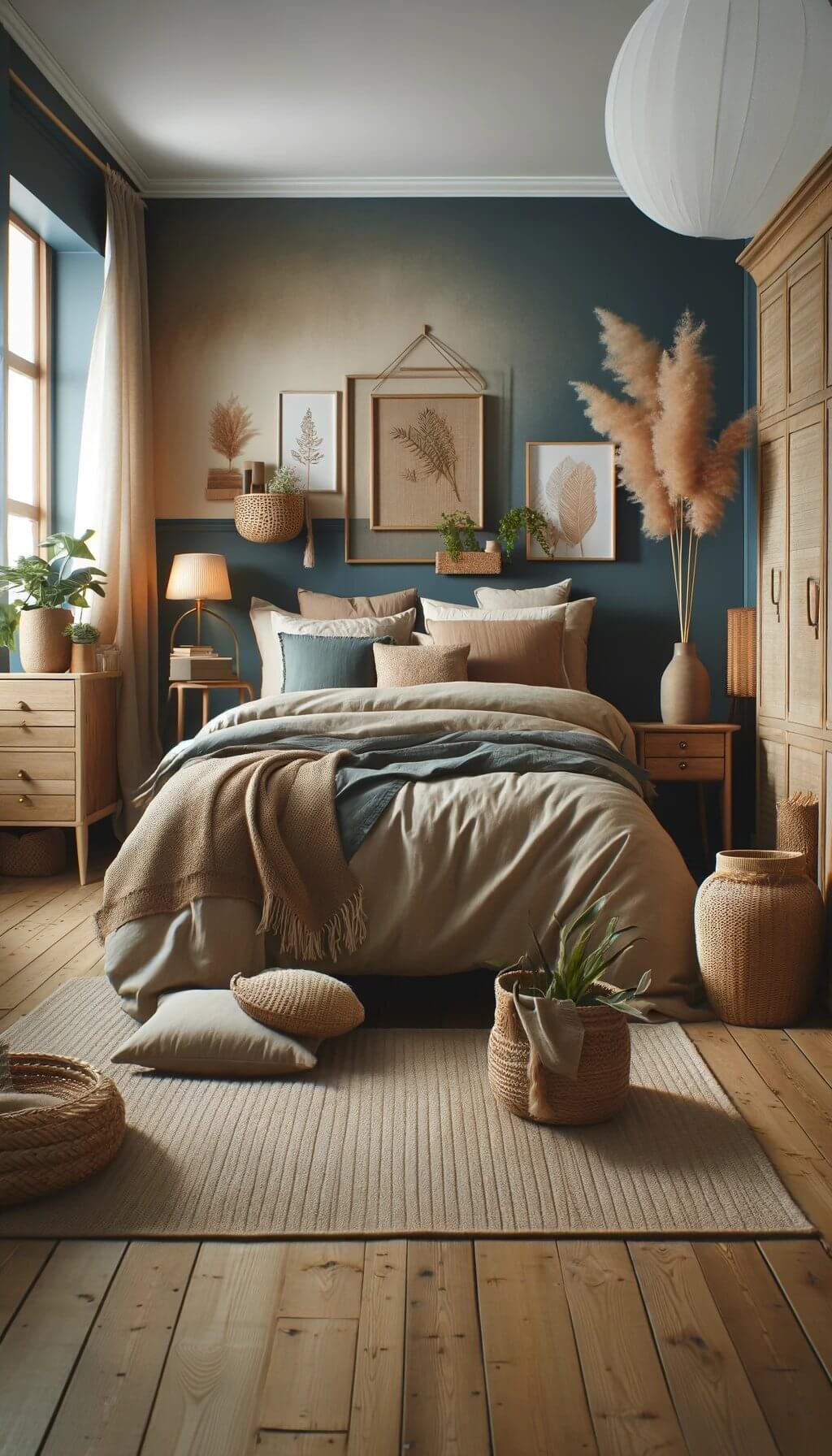 Coastal Bedroom with Blue Walls and Layered Bedding