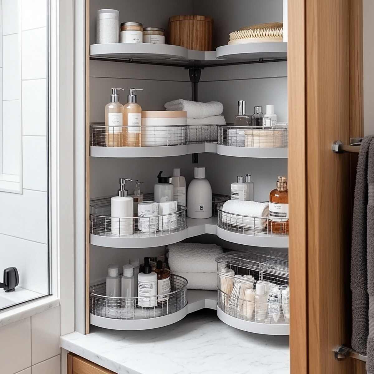 Lazy Susans for Corner Storage in Bathroom Closet Organization Ideas