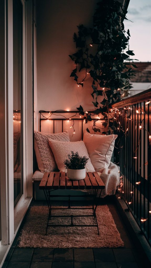 Winsome Balcony Wrapped in Warm String Lights
