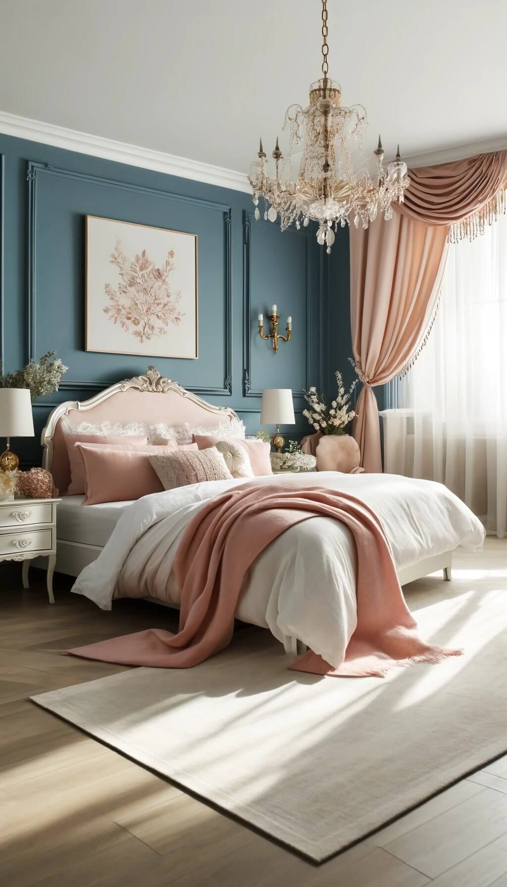 Serene Bedroom with Blue Walls and Simple White Bedframe