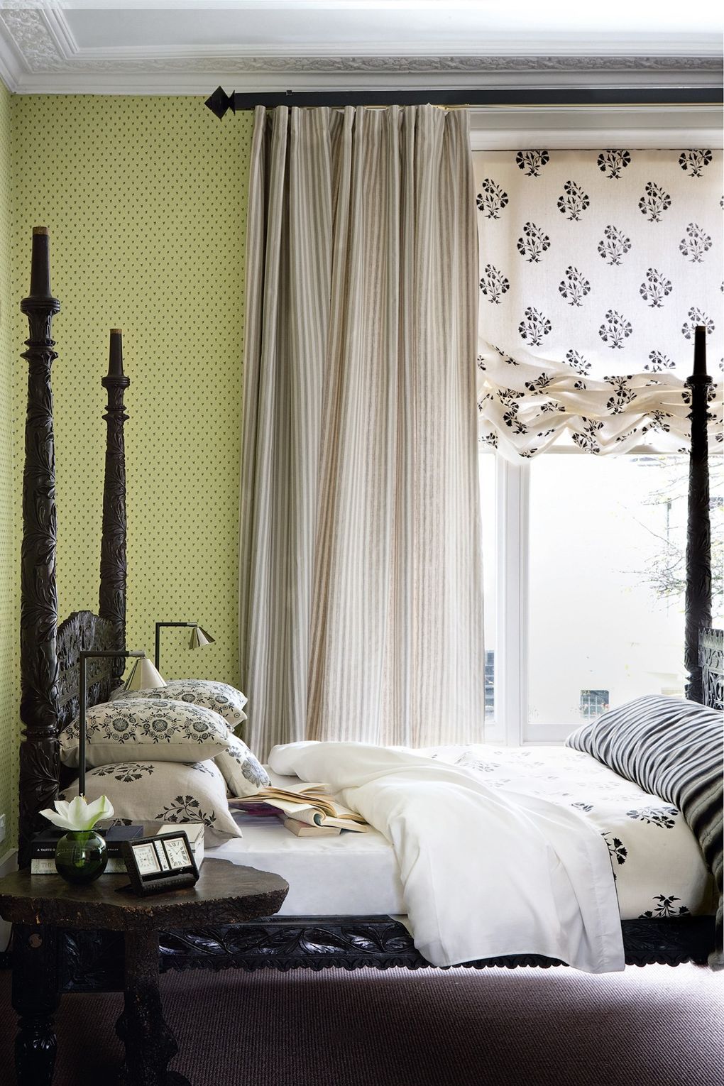Modern Bedroom with Slate Gray Curtains and Bold Accents