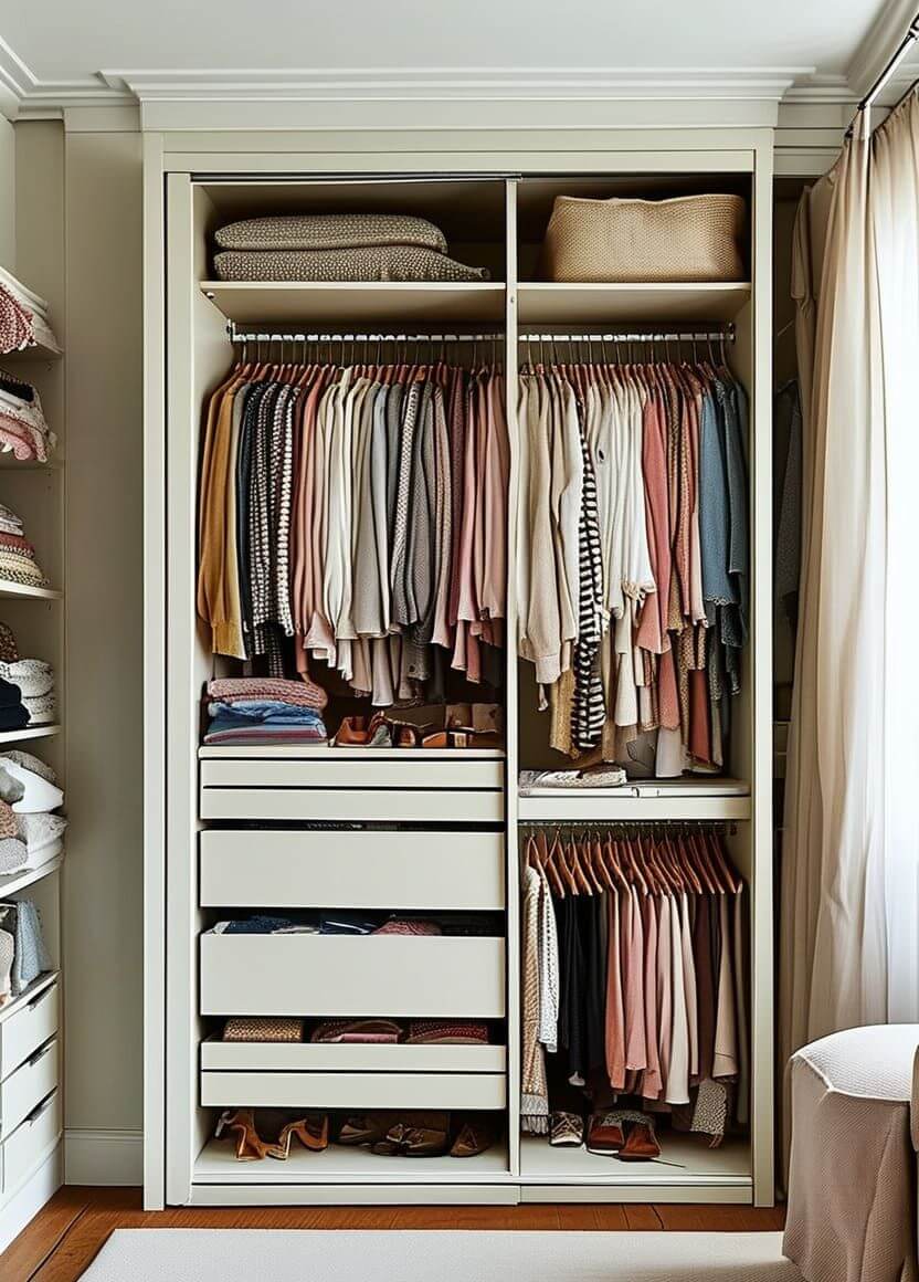 Cubby Storage Solutions with Decorative Baskets in Bedroom