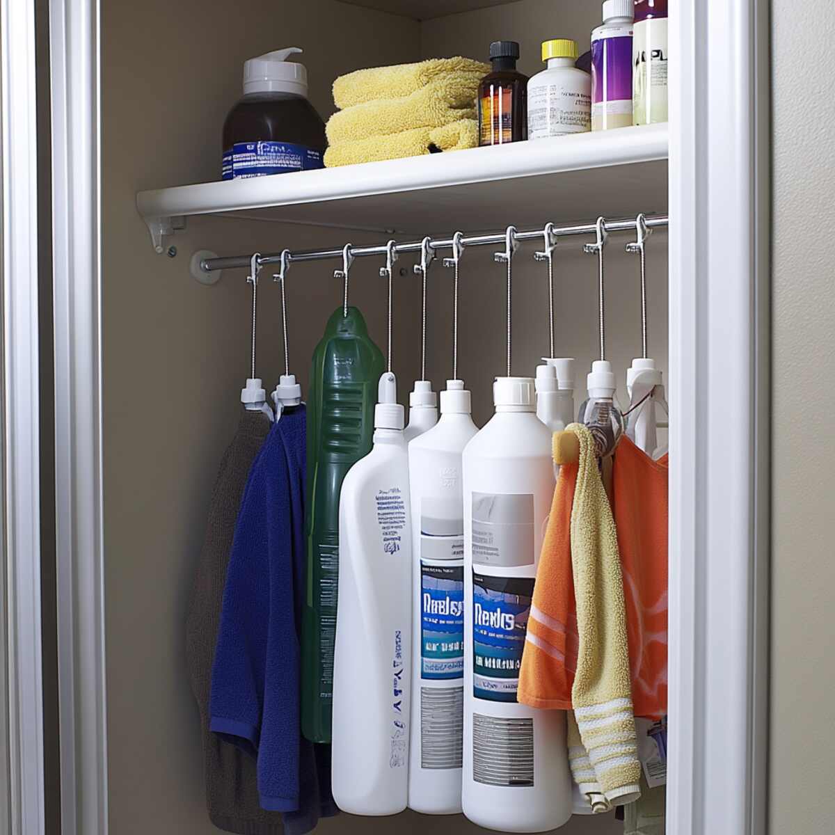 Tension Rod for Hanging Spray Bottles in Bathroom Closet Organization Ideas