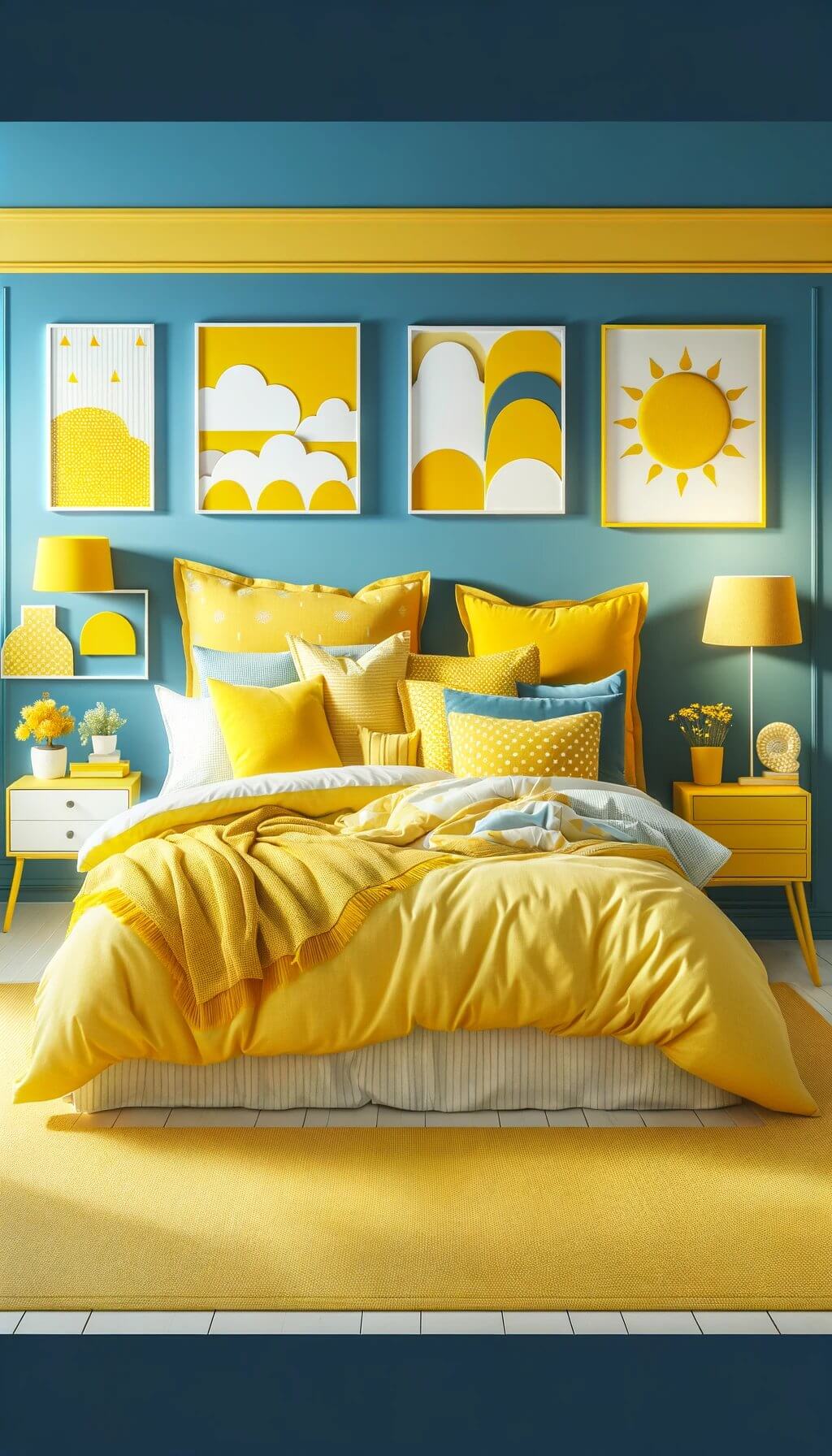 Blue Accent Walls with Elegant Bedframe and Textured Bedding