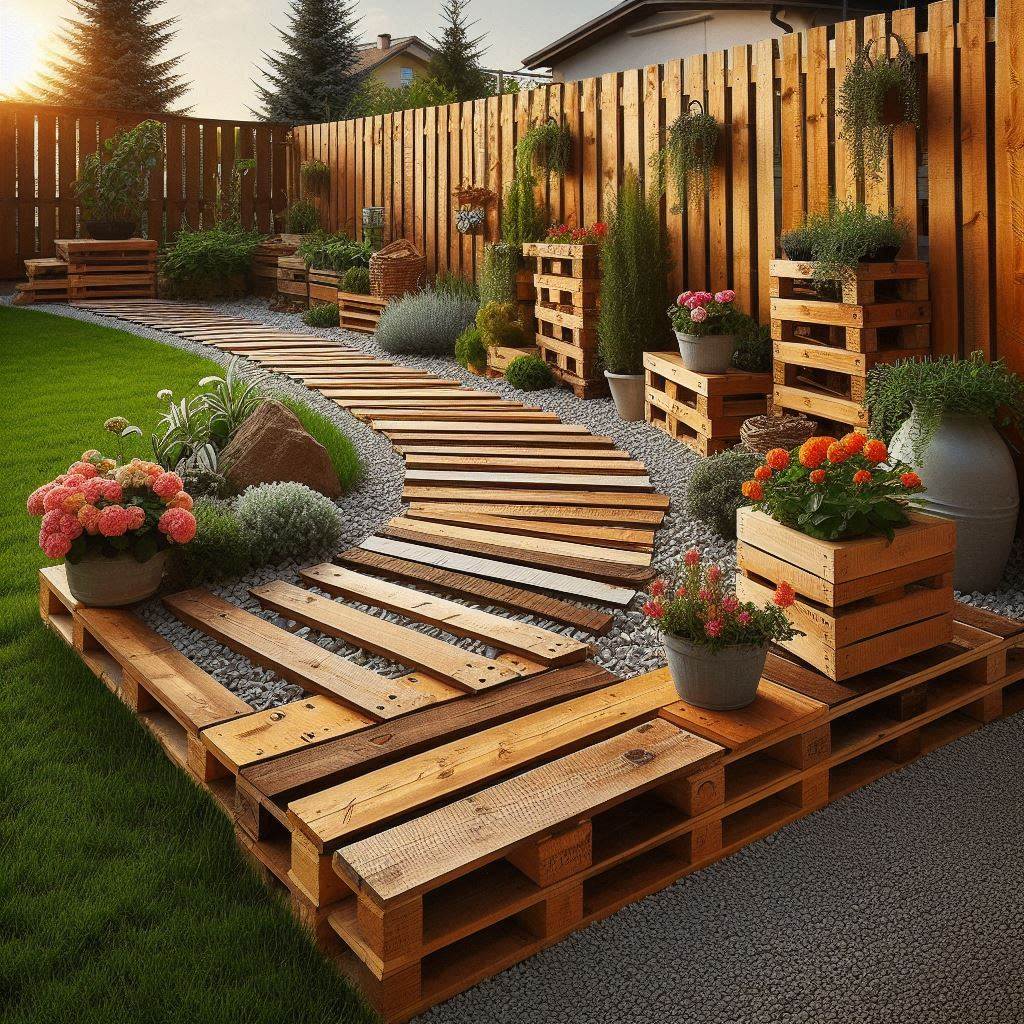 Rustic Horizontal Slatted Fence with Bench