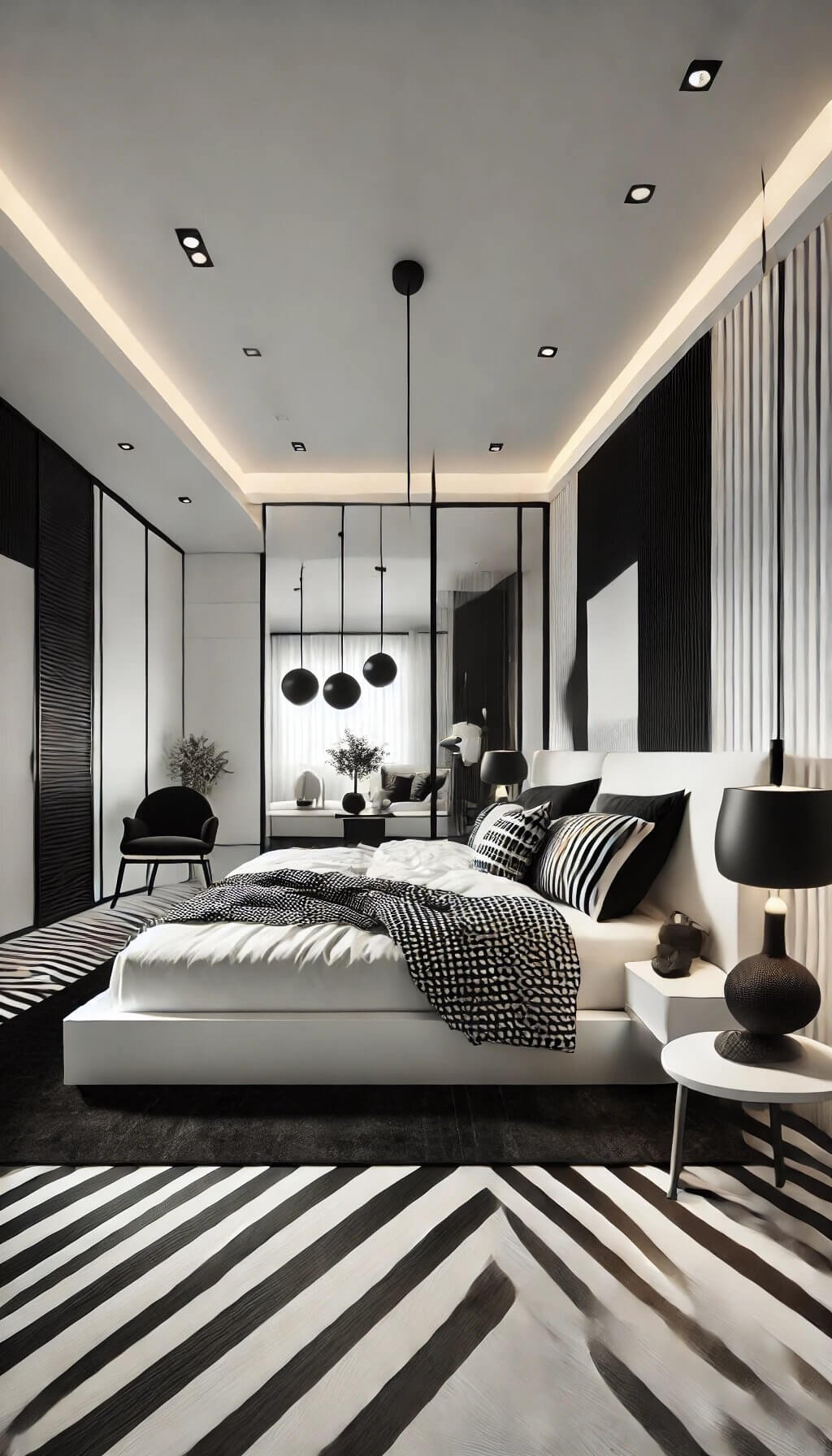 Contemporary Bedroom with Black Headboard and Monochrome Accents