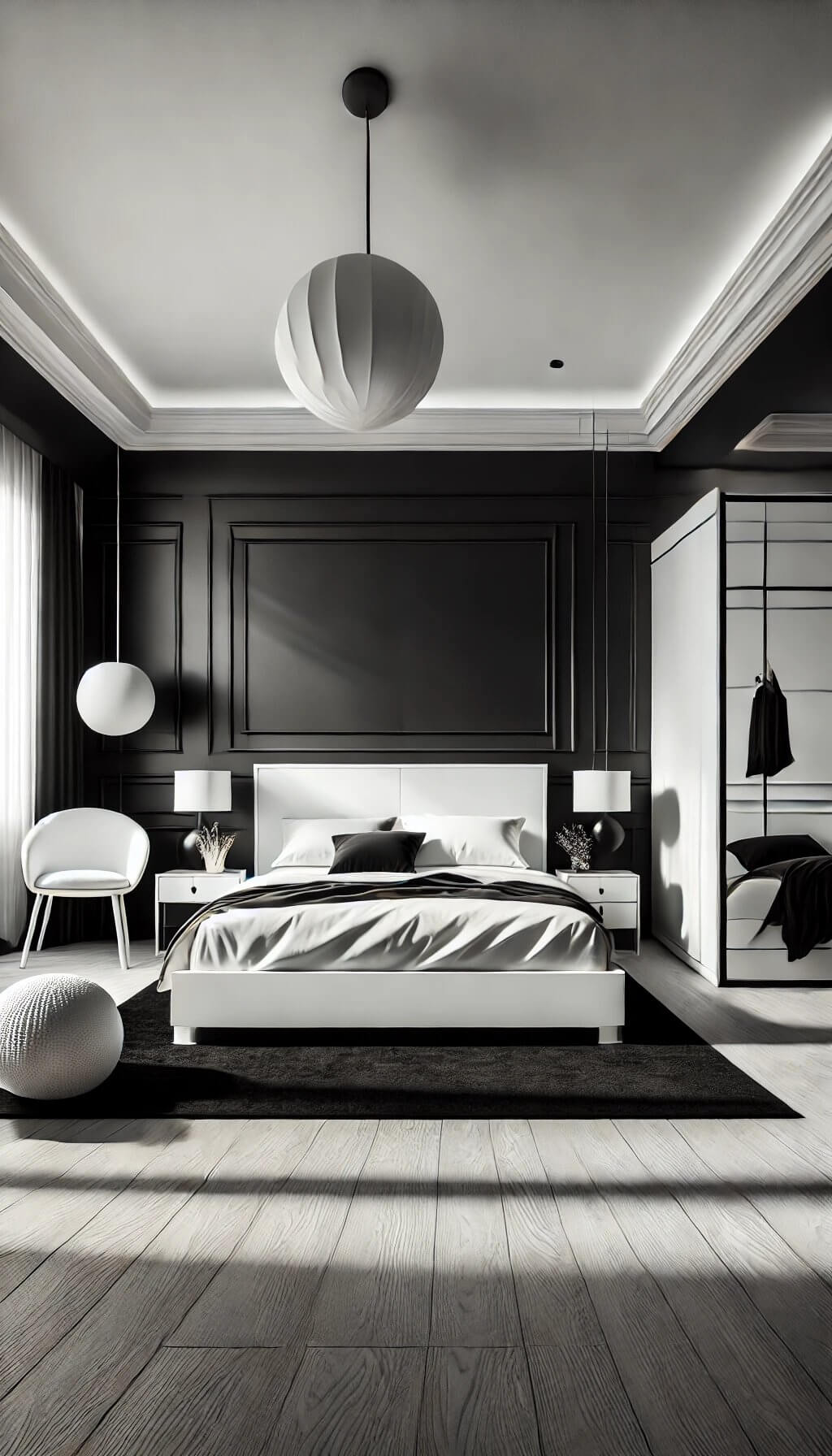 Matte Black Headboard in a Monochrome Room