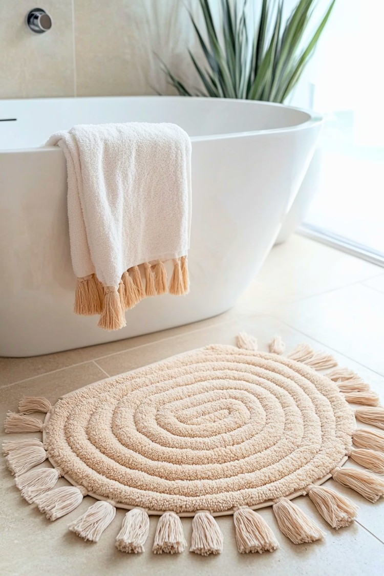 Semi-Circular Boho Bathroom Rug with Tassels