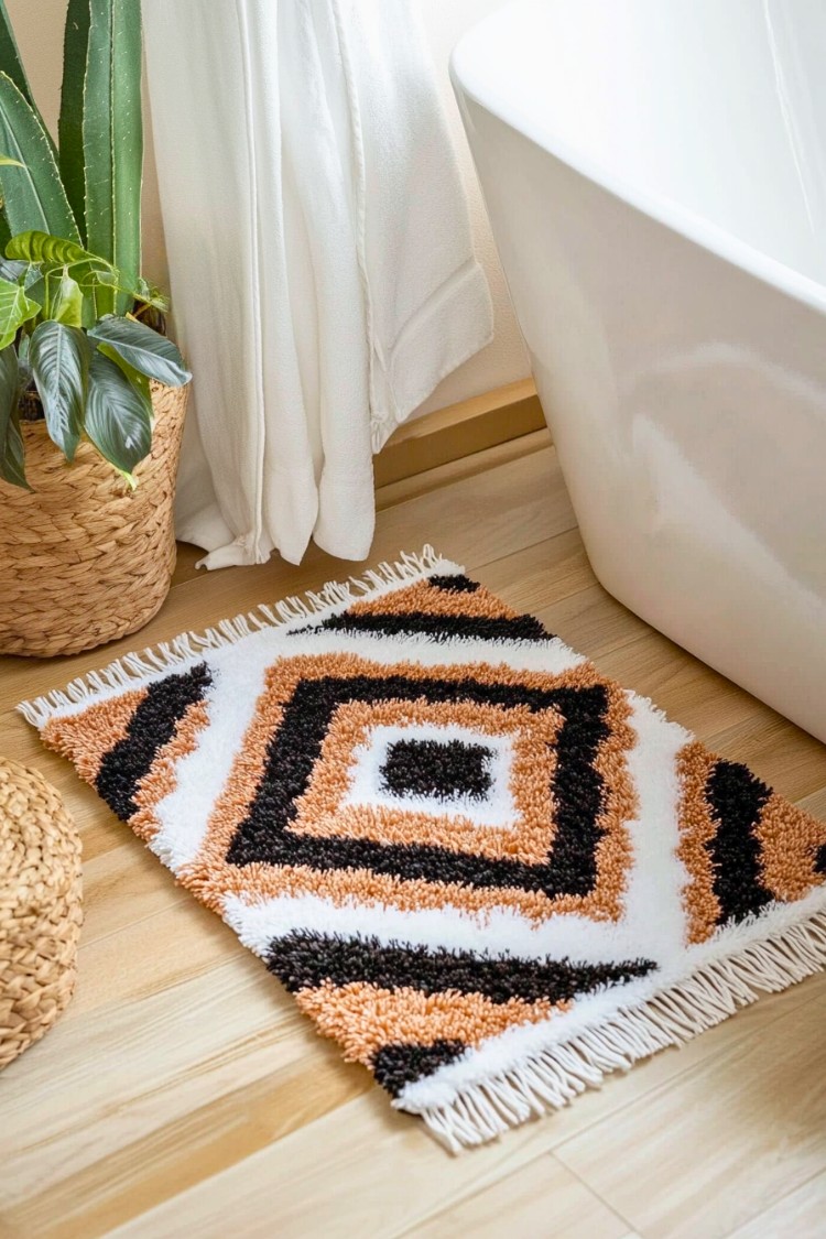 Vibrant Geometric Boho Bathroom Rug with Terracotta and Black Accents