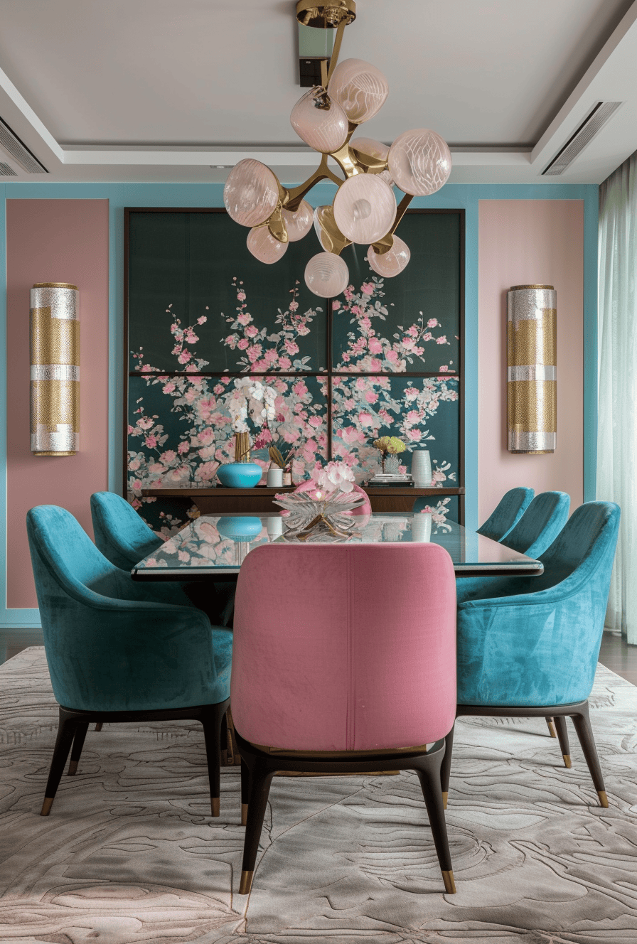 Art Deco Dining Room with Geometric Patterns and Vibrant Colors