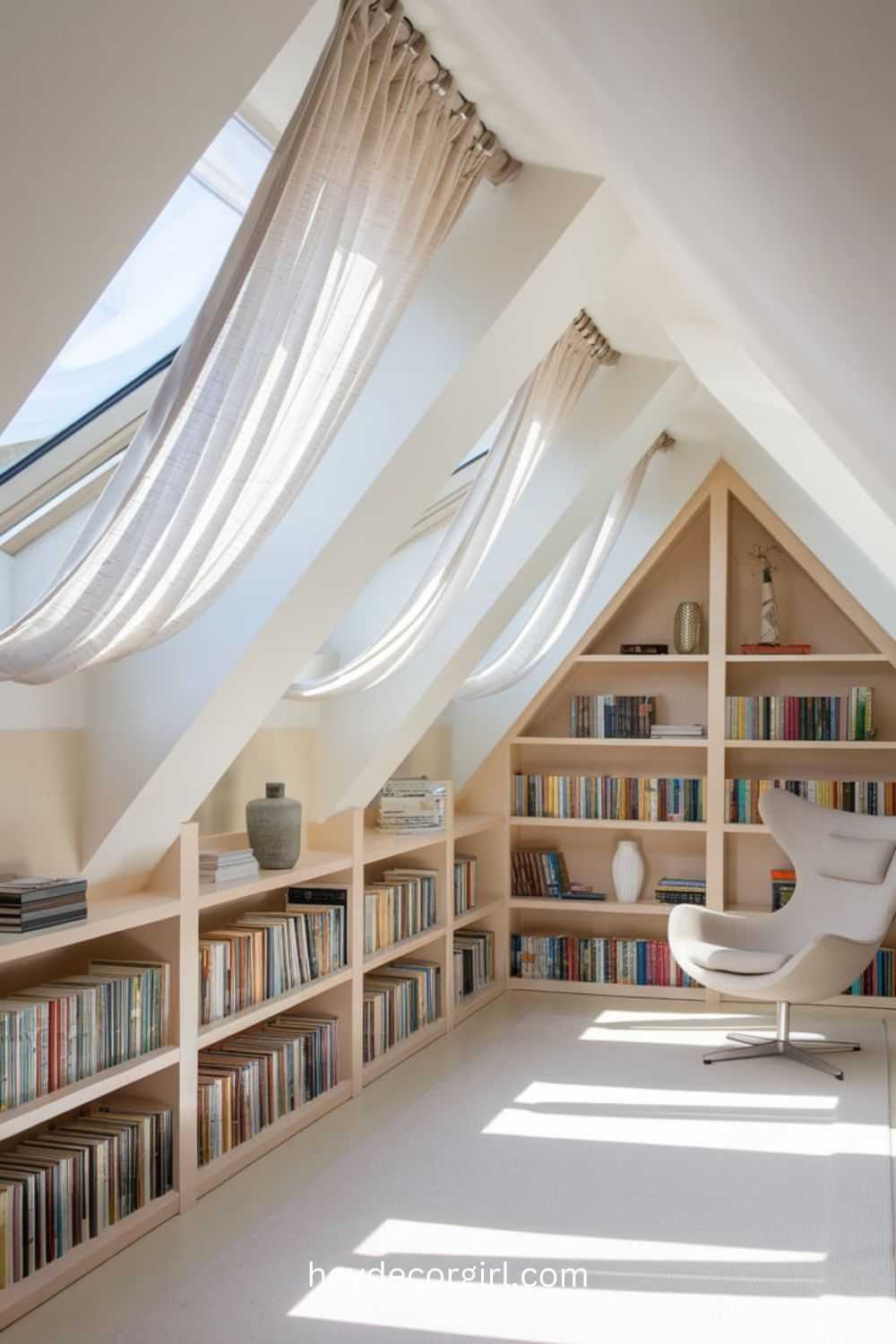 Bright Attic Library with Skylight Windows