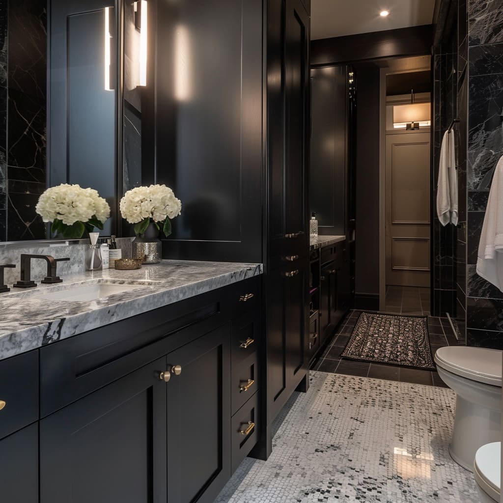 Contemporary Black Vanity with Gold Accents and Full-Length Mirrors