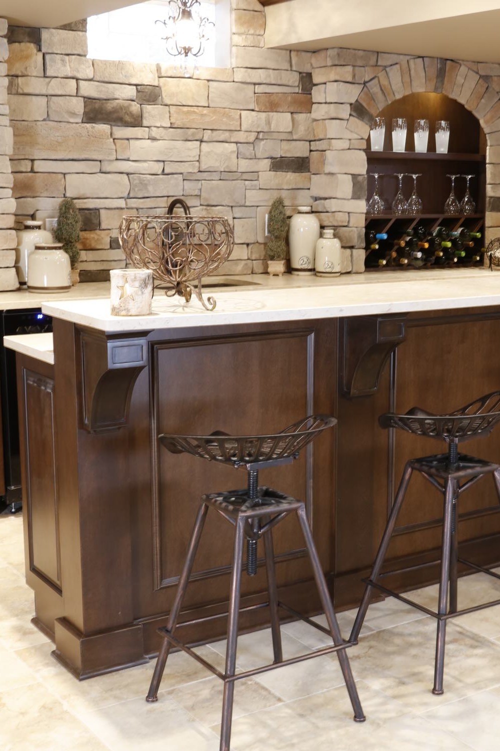 Industrial Design Basement Bar with Brick Details and Shelving