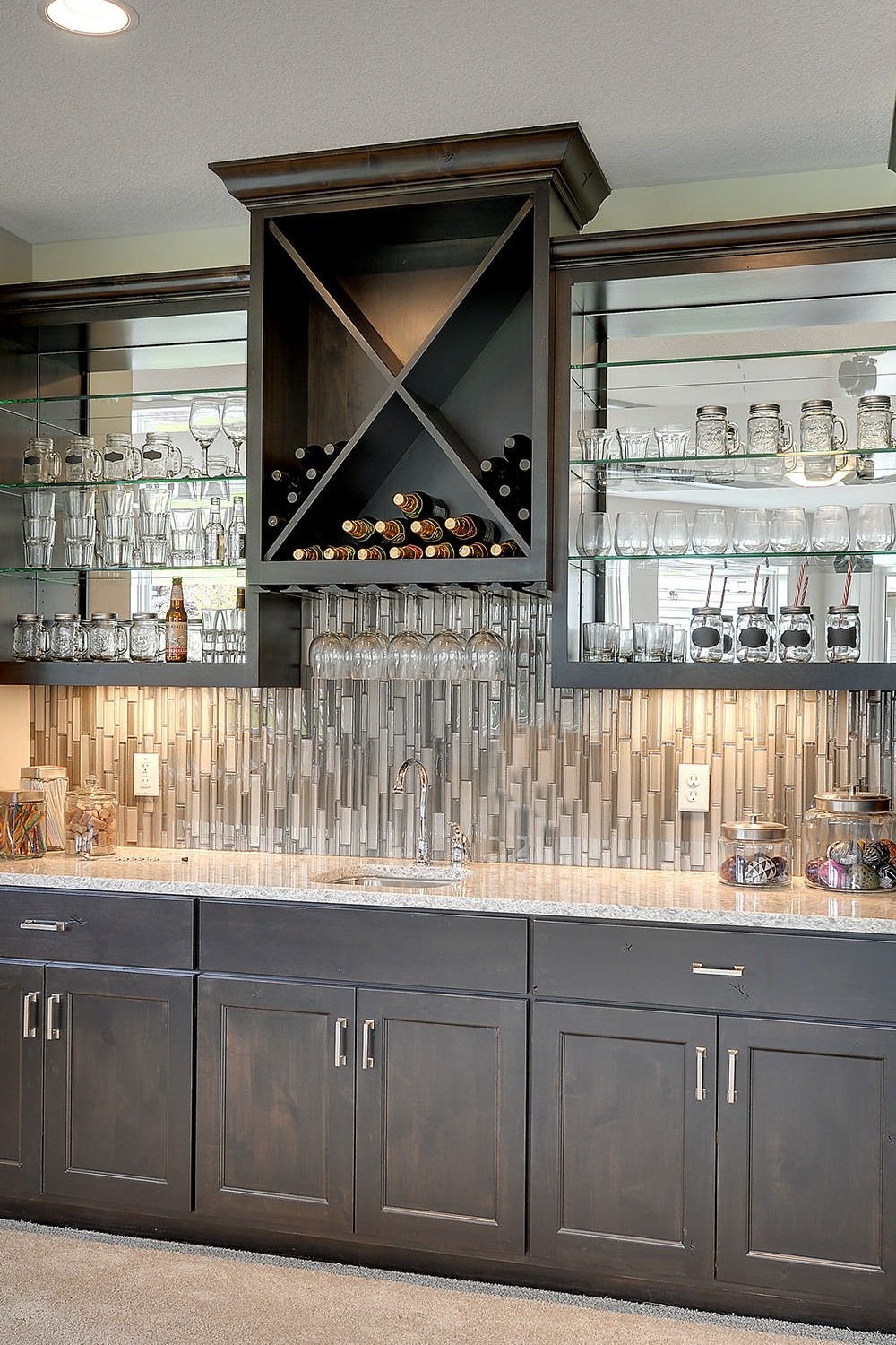 Modern Basement Bar with Neutral Colors and Metal Accents
