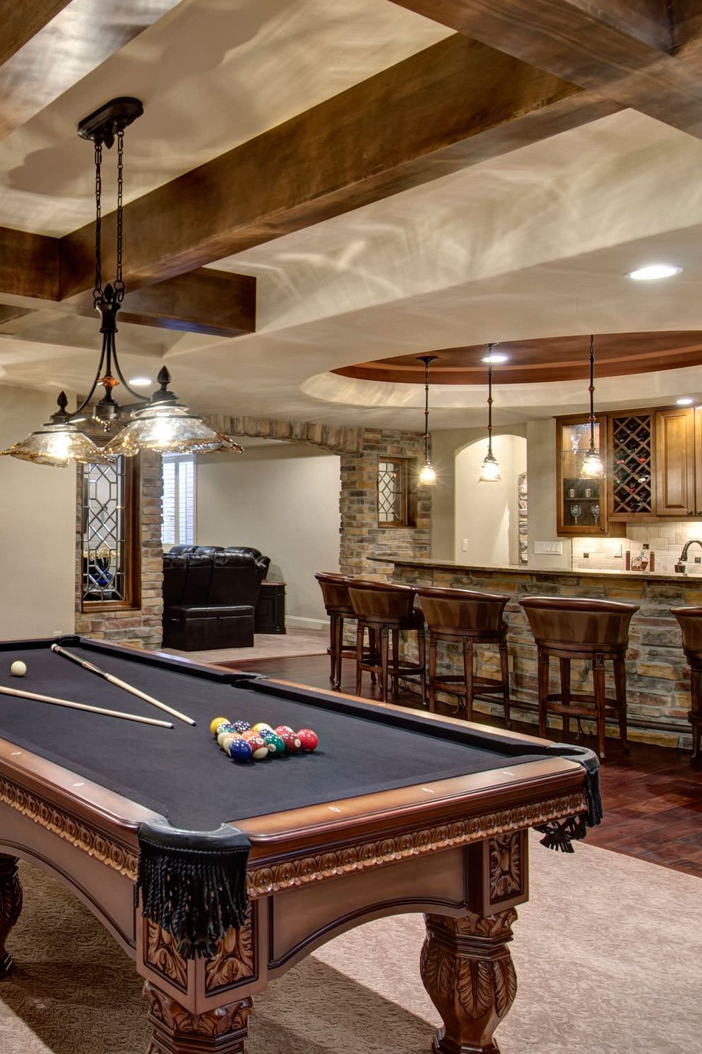 Dark Wood Basement Bar with Elegant Bar Stools