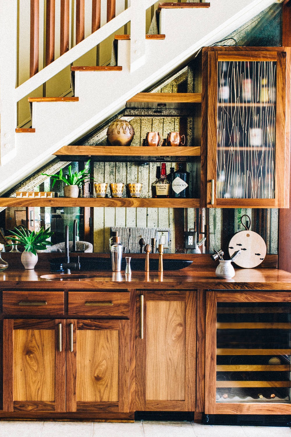Contemporary Basement Bar with Brass Lighting and Open Shelving