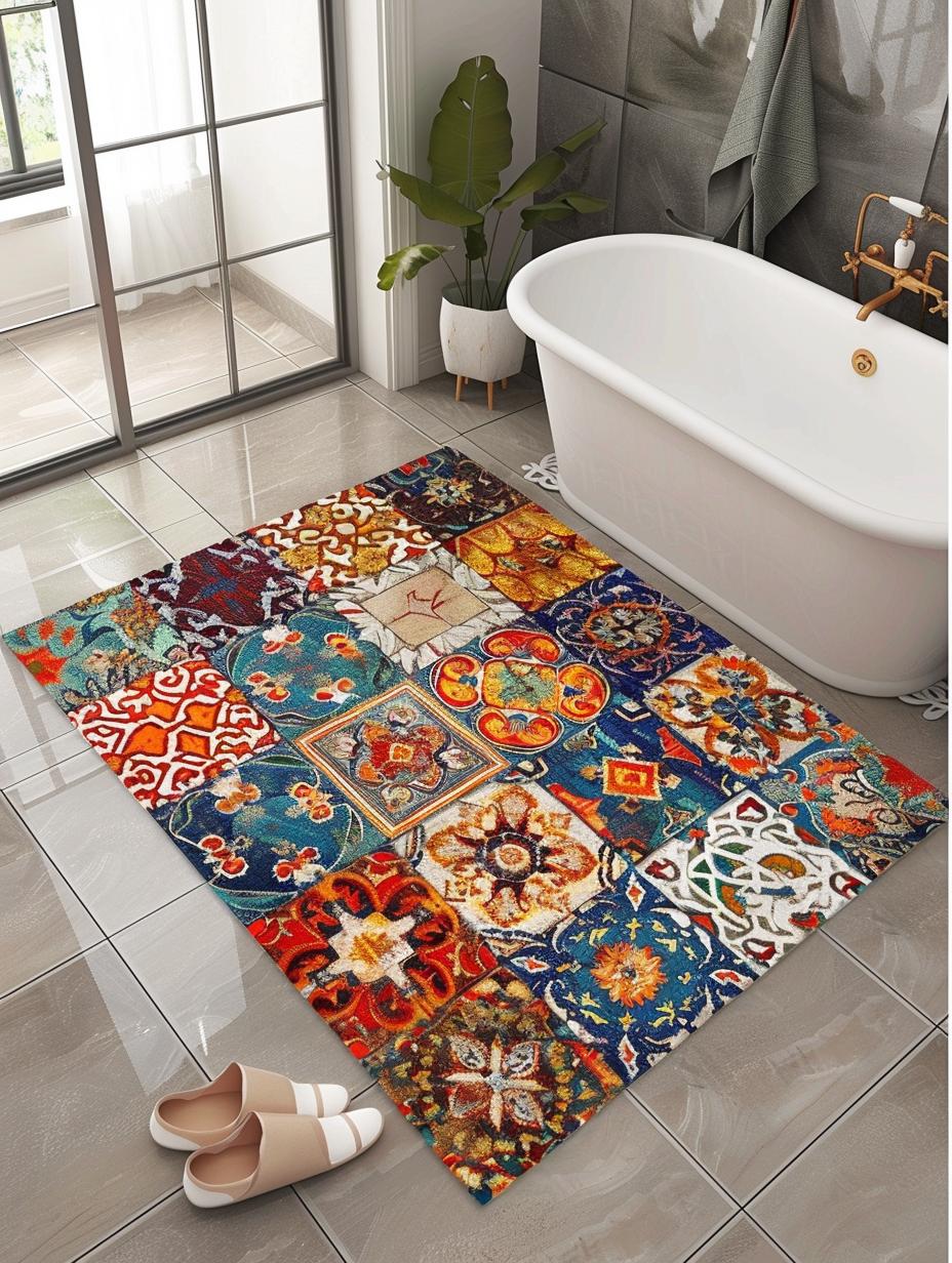 Boho-Style Bathroom Rug with Turkish Patterns