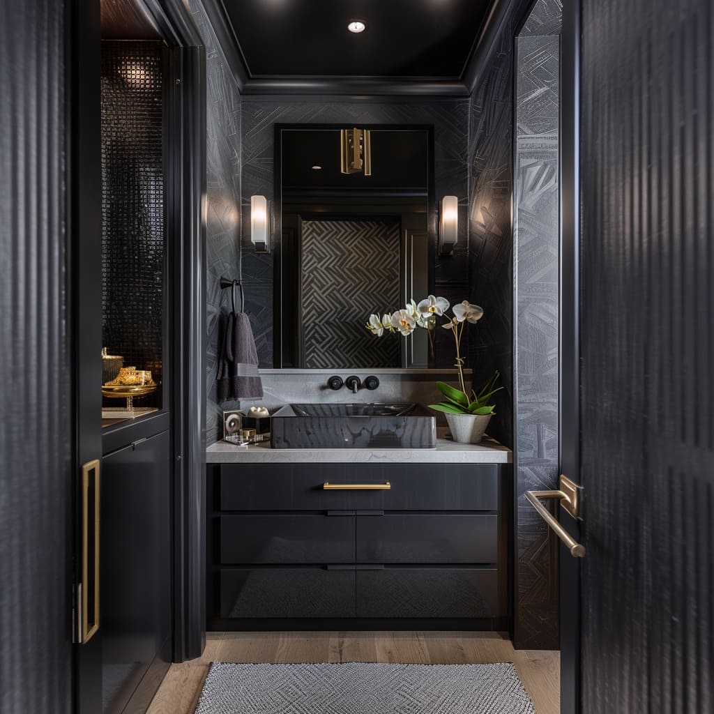 Bold Powder Room Featuring a Black Vanity and Sleek Decor
