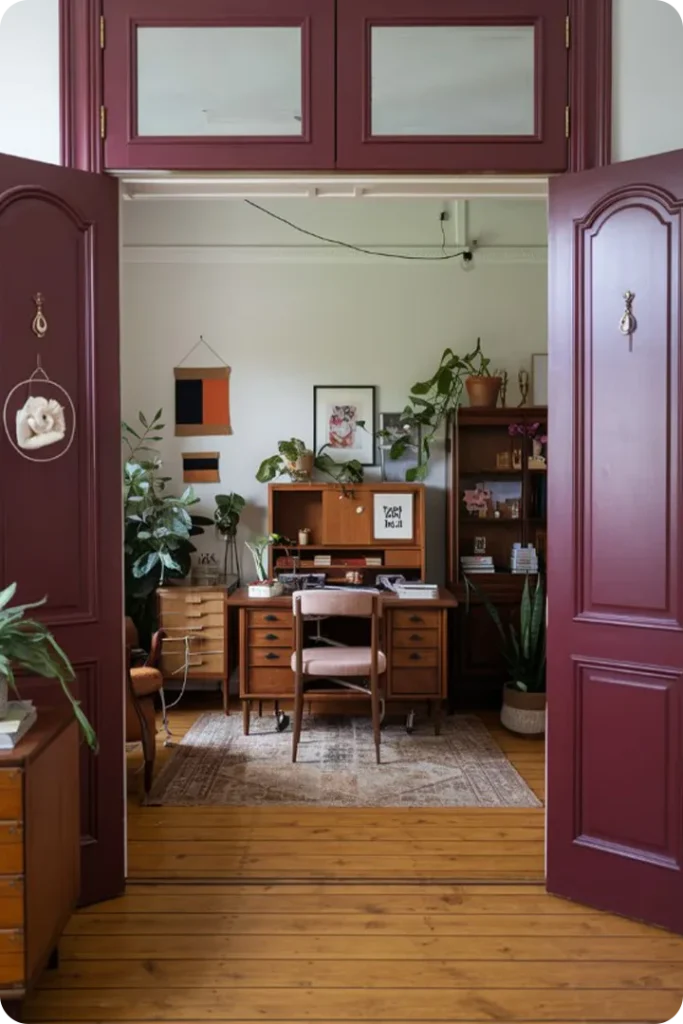 Burgundy Front Door Framed by Neutral Walls and Stone Accents