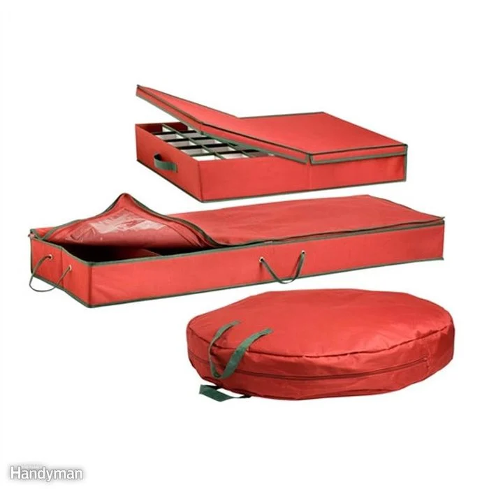 Canvas storage bags neatly stacked for decorations storage