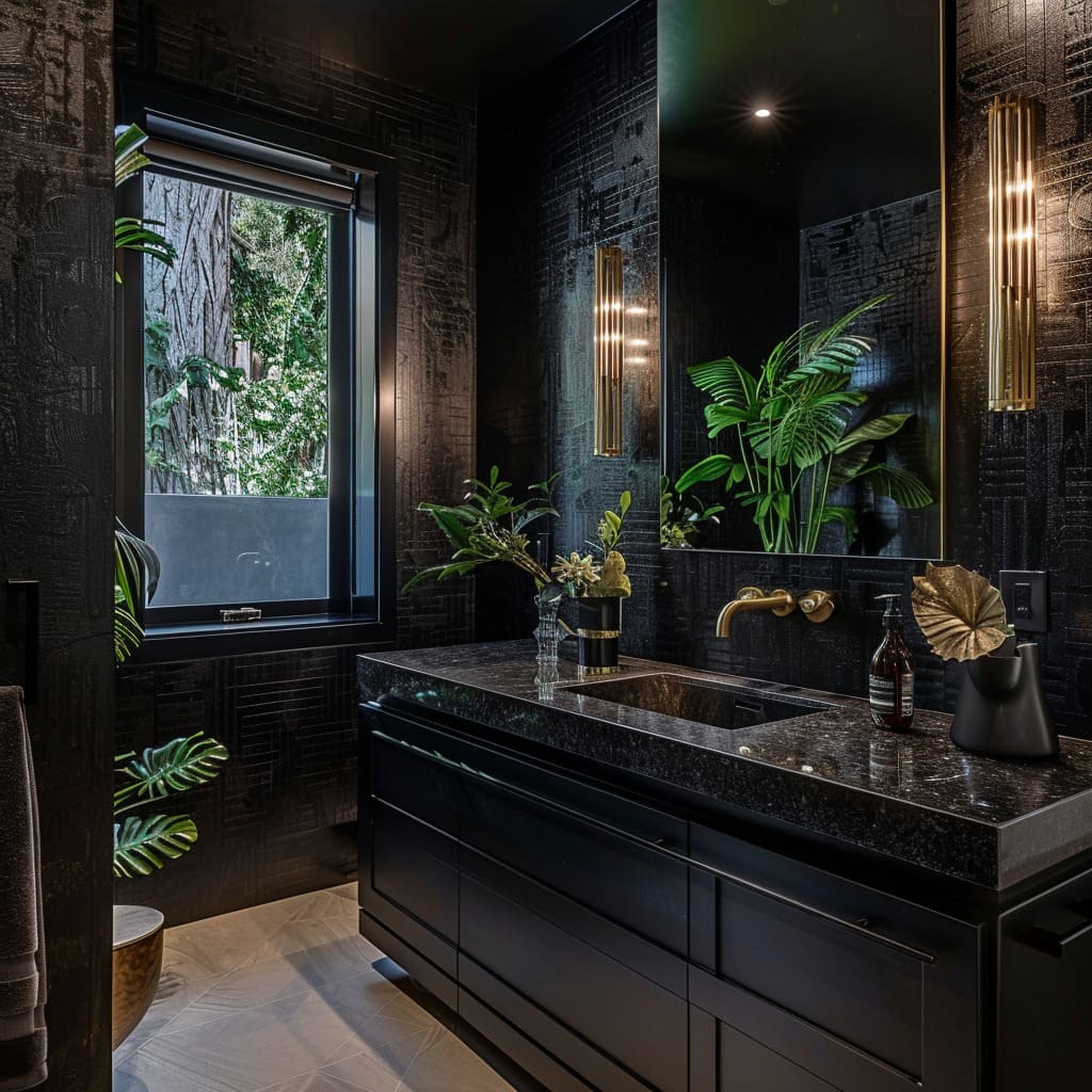 Chic Restroom with Ebony and White Elements Featuring a Double Sink Setup
