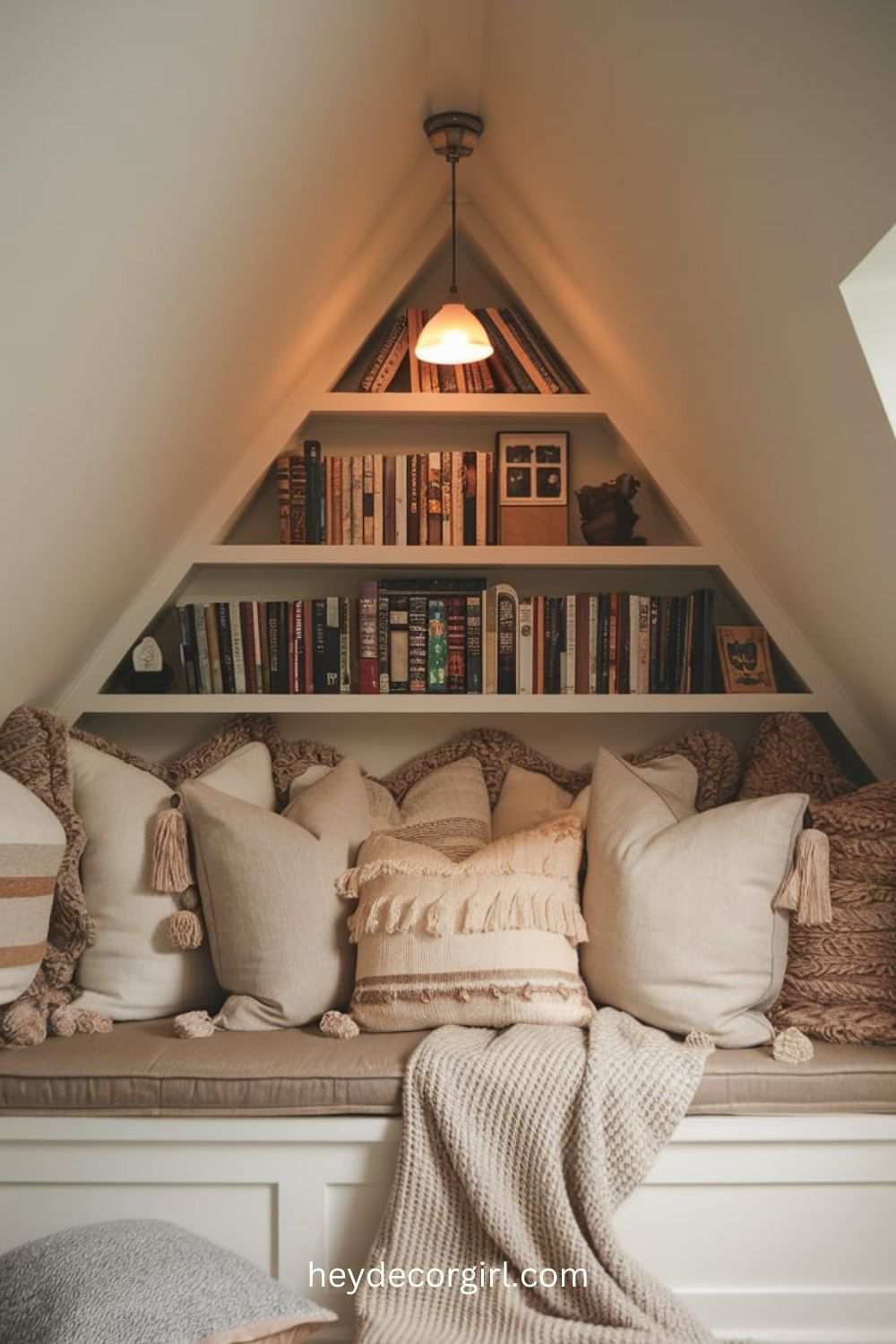 Cozy Attic Nook Library with Soft Neutral Touches