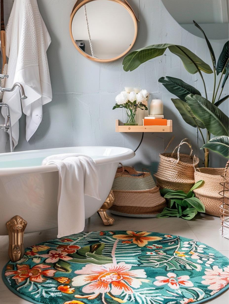 Green Round Boho Bathroom Rug
