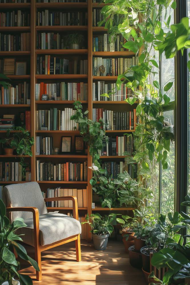 Elegant Home Library with Teal Built-In Shelves