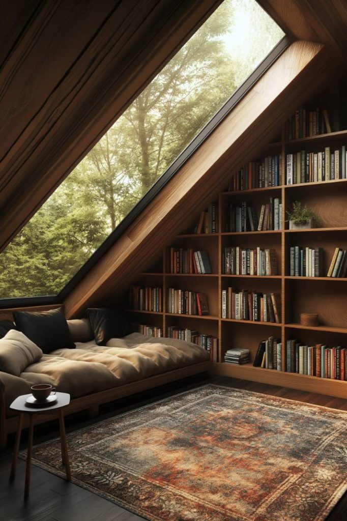Earthy Attic Library with Boho Accents